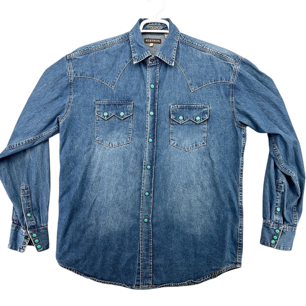 Stetson Western Denim Shirt Mens Large Blue Turquoise Snap 11-001-0465-0031-BU
